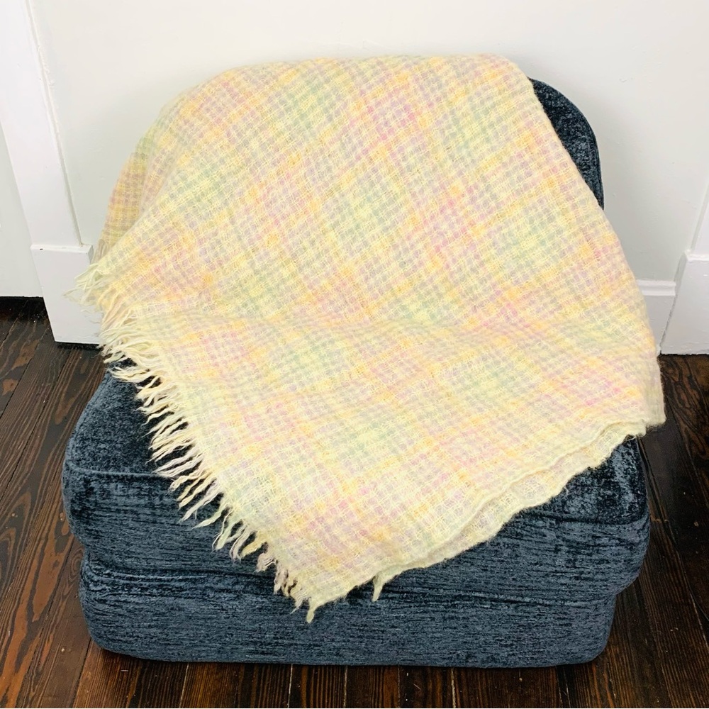 Vintage Neiman Marcus 100% Wool Scotland Throw Blanket Fringed Pastel 46” x 66”